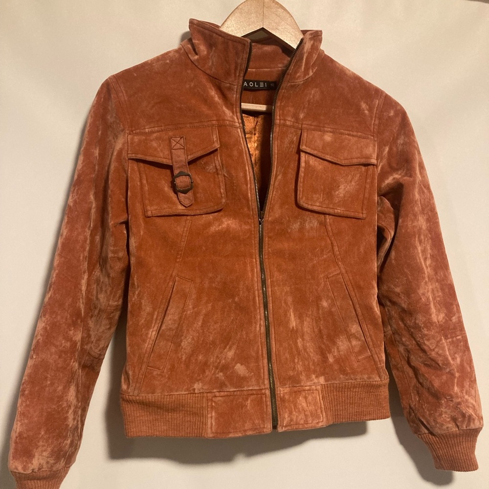 Tan Bomber Jacket with Stand-Up Collar and Suede Texture